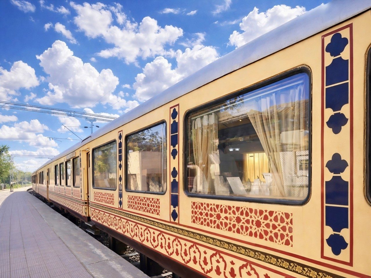 The Palace on Wheels in its hand-painted ivory and maroon livery at a Rajasthan platform