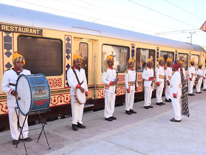 Royal brass-band welcome beside the Palace on Wheels